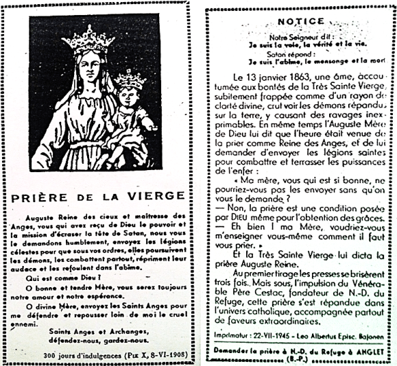 PRAYER TO MARY QUEEN OF THE ANGELS - ORIGINAL FRENCH COPY 1945